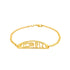 A 14k gold-filled bracelet featuring a curved plate with intricately cut-out designs, including an elephant, connected by a delicate Cuban curb link chain. Named the "7 Lucky Charm Plate Bracelet," it embodies symbols like the Horseshoe and Evil Eye for a touch of fortune.